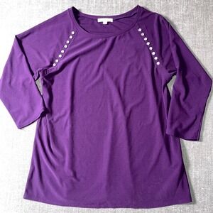 89th Madison Top Womens Medium Purple Round Neck Raglan Sleeve Embellishment